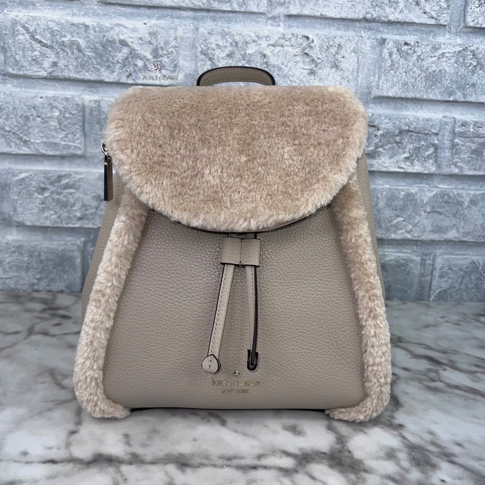 Kate Spade Leila Medium Flap Backpack Faux Shearling In Light Sand